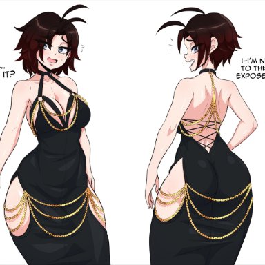 rooster teeth, rwby, ruby rose, kinathefox, back view, big ass, big breasts, black and red hair, black dress, exposed back, silver eyes, thick thighs, dialogue, text