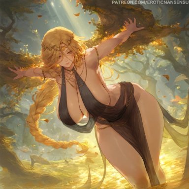 elden ring, fromsoftware, queen marika the eternal, erotic nansensu, 1girls, bare arms, bare legs, bare shoulders, blonde hair, braid, braided ponytail, circlet, classy, curvy, dress