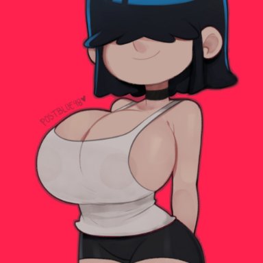 nickelodeon, the loud house, lucy loud, postblue98, 1girls, aged up, alternate breast size, black hair, booty shorts, breasts, female, goth, hair over eyes, huge breasts, light skin
