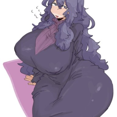 pokemon, hex maniac, leebongchun, 1girls, ahoge, ass, bangs, blush, blushing, breasts, dress, female, fluffy hair, from above, fully clothed