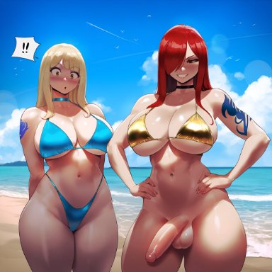 fairy tail, erza scarlet, lucy heartfilia, creamy ai, 1futa, 1girls, beach, big ass, big penis, bikini, bikini top, bikini top only, blonde hair, bottomless, bottomless futanari