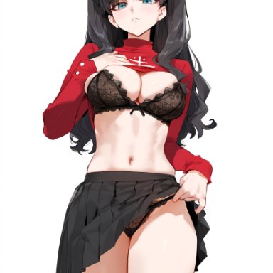 fate (series), fate/stay night, type-moon, tohsaka rin, 1girls, blue eyes, bra, breasts, brown hair, female, human, lingerie, panties, skirt, skirt lift