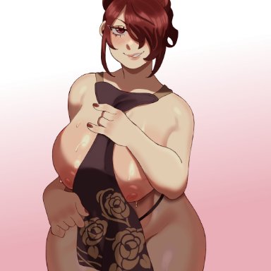 persona, persona 3, mitsuru kirijo, guttsuko, apron, apron only, big breasts, large breasts, long hair, looking at viewer, pale skin, pale-skinned female, red eyes, wide hips