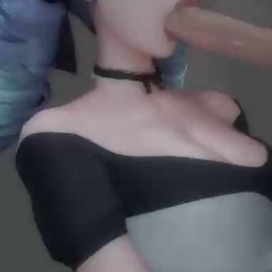 gwen (league of legends), kittyyevil, 1boy, 1girls, big penis, blowjob, blowjob face, fellatio, female, hand on head, light skin, light-skinned female, light-skinned male, male, 3d