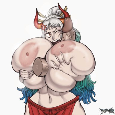 one piece, yamato (one piece), yvngjizzus, 1boy, 1girls, anger vein, areolae, big nipples, breasts, breasts bigger than head, disembodied penis, female, female focus, horns, huge breasts