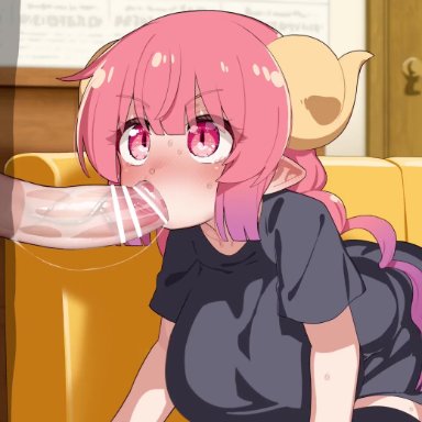 kobayashi-san chi no maidragon, ilulu (dragon maid), mizumizuni, 1boy, 1boy1girl, 1girls, all fours, black shirt, black thighhighs, cum, cum in mouth, fellatio, heart eyes, heavy breathing, horns