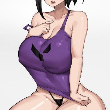 my hero academia, momo yaoyorozu, bobtheneet, big breasts, black hair, black thong, blush, cleavage, female, looking at viewer, thick thighs