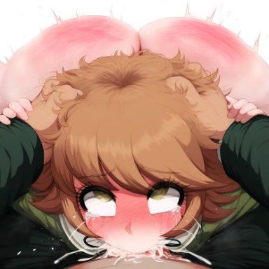 danganronpa, fujisaki chihiro, 2boys, ass, big ass, big ass (male), blowjob, blush, crying, crying with eyes open, cum, cum in mouth, cum overflow, deepthroat, eye roll