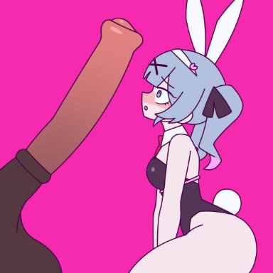 vocaloid, hatsune miku, pure pure (rabbit hole), notkadraw, balls, big penis, blue eyes, blue hair, blush, hairband, horse, horsecock, human, penis awe, rabbit ear