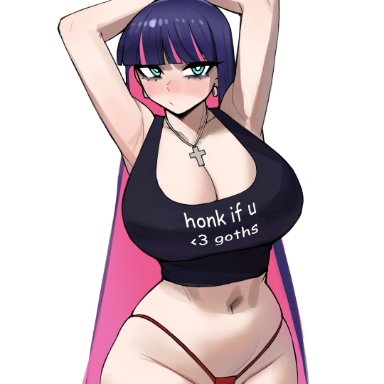 stocking anarchy, donburikazoku, 1girls, breasts, female, goth, green eyes, huge breasts, large breasts, light skin, light-skinned female, long hair, purple hair, tank top, text on clothing