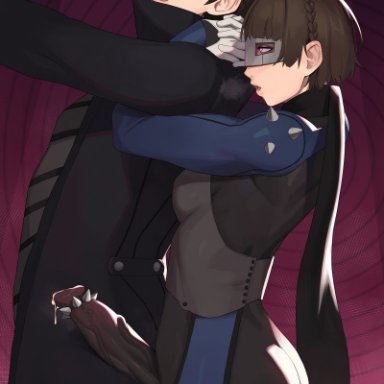 atlus, persona, persona 5, joker (persona), makoto niijima, ren amamiya, nidhoggn, 1boy, 1futa, ass, big ass, big penis, black eyes, black hair, blush