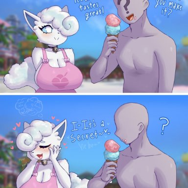 nintendo, pokemon, alolan vulpix, anon, anonymous male, generation 1 pokemon, pok&#233;mon (species), vulpix, gammainks, 1boy, 1girls, apron, big breasts, blush, breast squish