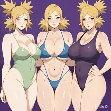 boruto: naruto next generations, naruto, naruto (series), temari, uncle q, 3girls, bare chest, bare legs, bare shoulders, bare thighs, big breasts, bikini, bikini bottom, bikini top, blonde hair