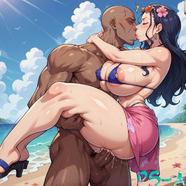 one piece, nico robin, ps-ai, beach, bikini, bimbo, carrying, dark-skinned male, female, female focus, huge ass, huge breasts, huge cock, kissing, male