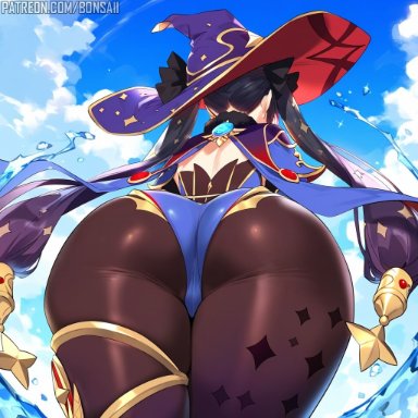 genshin impact, mona (genshin impact), bons ai, big ass, dat ass, from below, pantyhose, solo, ai generated