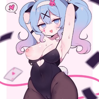 rabbit hole (vocaloid), vocaloid, hatsune miku, clarevoir, ace (playing card), ace of hearts, animal ears, armpits, bare shoulders, black leotard, black pantyhose, black ribbon, blue eyes, blue hair, breasts