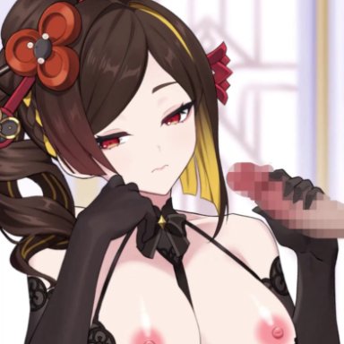 genshin impact, hoyoverse, mihoyo, chiori (genshin impact), piccione!!, 1boy, 1girls, areolae, black bra, black gloves, blonde hair, bored, bra, breasts, brown hair