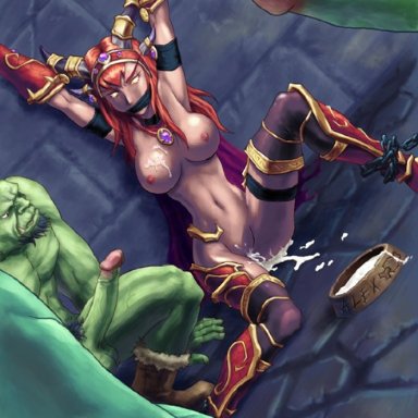 blizzard entertainment, warcraft, world of warcraft, alexstrasza, mimic (artist), 1girls, 3boys, after rape, after sex, bare midriff, bondage, bottomless, breasts, busty, captured