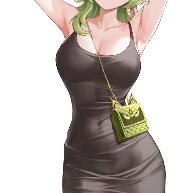 genshin impact, collei (genshin impact), lunacle, armpits, arms behind head, arms over head, arms up, blush, cleavage, collarbone, covered navel, dress, earrings, exposed shoulders, green hair
