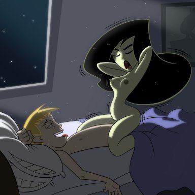 disney, kim possible, ron stoppable, shego, dlt, arms up, closed eyes, cowgirl position, female, human, male, nipples, sex, straight, straight hair