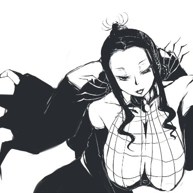 soul eater, arachne (soul eater), arachne gorgon, 1girls, areola, black hair, breasts, busty, cleavage, erect nipples, fishnets, goth, gothic, large breasts, nipples