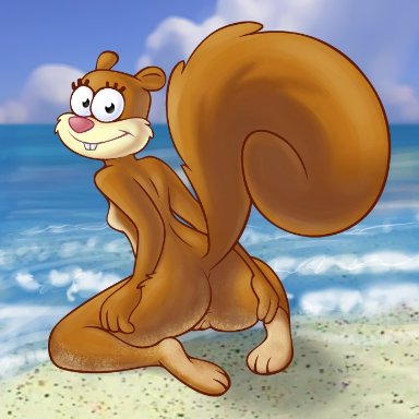 spongebob squarepants, sandy cheeks, paint34, anthro, barefoot, beach, bottom, bushy tail, butt, feet, female, female only, furry, happy, looking back