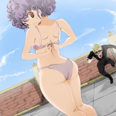 dragon ball, dragon ball (classic), ranfan, world tournament announcer, zinger (excess m), 1girls, ass, back, bad hands, bad proportions, bra, brown eyes, curly hair, dutch angle, female