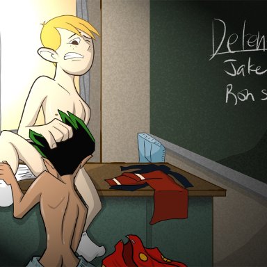 american dragon: jake long, disney, kim possible, jake long, ron stoppable, cartoonking, 2boys, classroom, detention, fellatio, gay, human, human only, legs apart, male