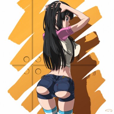 k-on!, mio akiyama (k-on!), suna, adjusting hair, ass, back, black hair, breasts, denim, denim shorts, erect nipples, female, female only, hands on head, huge breasts