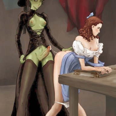 the wizard of oz, dorothy gale, elphaba, wicked witch of the west, artist request, after sex, breasts, clothing, cum, cum inside, cumdrip, doggy style, female, footwear, from behind