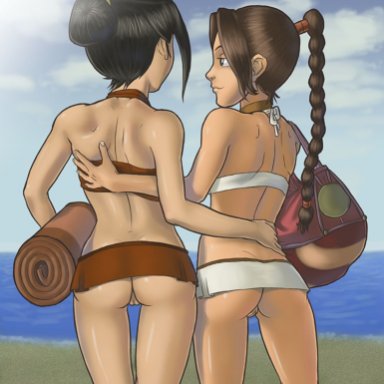 avatar the last airbender, nickelodeon, azula, ty lee, awesomeartist, 2girls, ass, beach, black hair, brown hair, clothing, female, female only, fire nation, human