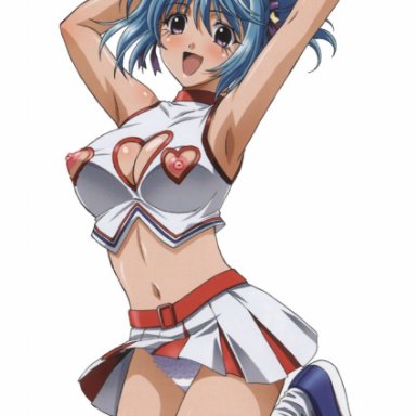 rosario+vampire, kurono kurumu, 1girls, belt, blue hair, blue shoes, cheerleader, cleavage cutout, demon girl, female, hair ornament, hair ribbon, looking at viewer, loose socks, midriff