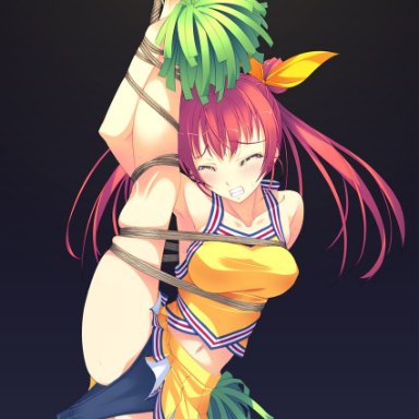 f-ism, original, murakami suigun, 1girls, armpit, bare shoulders, blush, bondage, breasts, buruma, buruma pull, cheerleader, clenched teeth, closed eyes, collarbone