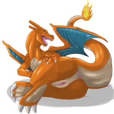 nintendo, pokemon, charizard, narse, anus, blue eyes, female, presenting, pussy, solo, tongue, tongue out, wide hips, wings, edit