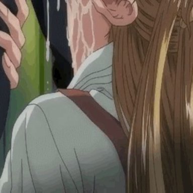 kirishima (stringendo), all the way to the base, blonde hair, cum, cum in mouth, cum in throat, cum inside, deepthroat, facial, fellatio, female, hand on head, head grab, irrumatio, male