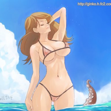 lupin iii, mine fujiko, ginko (silver fox), 1girls, areola, bikini, breasts, brown eyes, brown hair, busty, cleavage, curvaceous, female, human, imminent rape