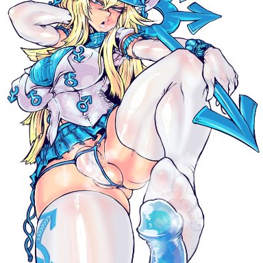 tagane, 1futa, aqua eyes, bikini, bikini bottom, blonde hair, blue dress, blue shirt, blush, bracelet, breasts, condom, condom on penis, dress, elbow gloves