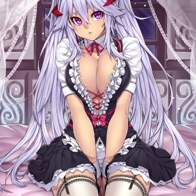 original, houtengeki, breasts, demon girl, demon horns, demon tail, devil girl, female, garter straps, hair intakes, horns, large breasts, lavender hair, long hair, looking back