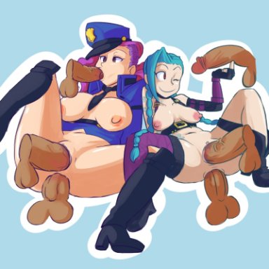 league of legends, jinx (league of legends), officer vi, vi, fupoo, 2girls, anal, breasts, double penetration, fellatio, gangbang, group sex, large penis, nipples, oral