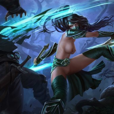 league of legends, akali jhomen tethi, liquidshadow, 1girls, armor, black hair, breasts, brown eyes, clothed, combat, female, mask, nipples, pussy, solo