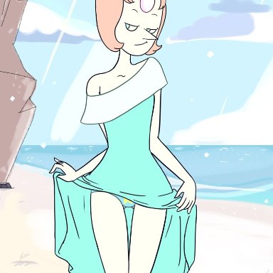 beach party (steven universe), cartoon network, steven universe, gem (species), pearl (steven universe), aphius, beach, female, ocean, panties, print panties, skirt lift, solo