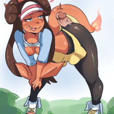 nintendo, pokemon, charizard, mega evolution, megacharizard, rosa (pokemon), lightsource, alternate species, ass, bent over, blue eyes, blush, brown hair, buttjob, cap