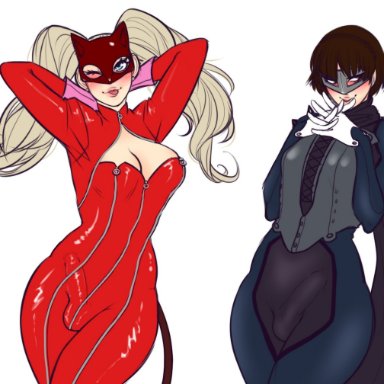 persona, persona 5, ann takamaki, makoto niijima, stopitkel, 2futas, ball bulge, balls, balls under clothes, blonde hair, bodysuit, breasts, brown hair, bulge, cameltail