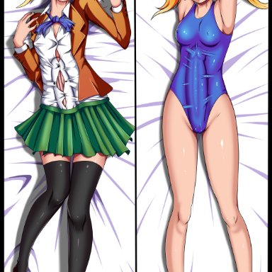 futabu, asakura mao, sirwogdog, 1futa, blonde hair, blush, breasts, bulge, cameltail, cleavage, dakimakura, dickgirl, erection, erection under clothes, futa only