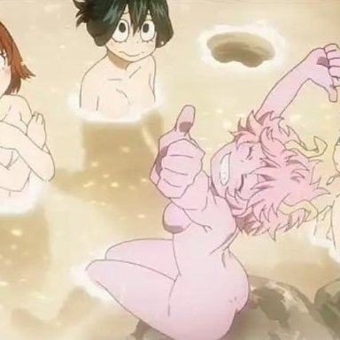 my hero academia, hagakure tooru (invisible), kyoka jiro, mina ashido, ochako uraraka, tooru hagakure, tooru hagakure (invisible), tsuyu asui, 4girls, ass, breasts, female only, human, nude, onsen