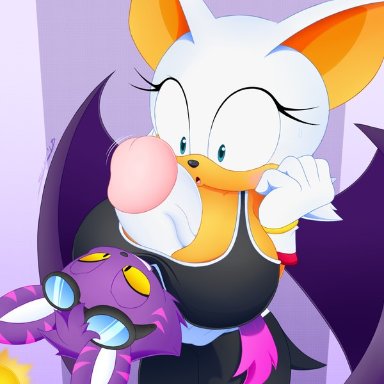 sega, sonic (series), rouge the bat, rouge the rider, slickehedge, animal ears, bat, bat wings, between breasts, big breasts, big penis, black nose, blue eyes, blush, breasts