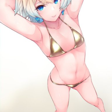 fire emblem, fire emblem heroes, fjorm (fire emblem), messatsu tan, armpits, arms up, bikini, blonde hair, blue eyes, blue hair, blush, earrings, flat chest, looking at viewer, short hair