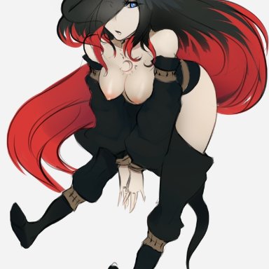 gravity rush, raven (gravity rush), scas, black hair, breasts, eyebrows visible through hair, female, nipples, open mouth, pale skin, red hair, two tone hair, very long hair, white background