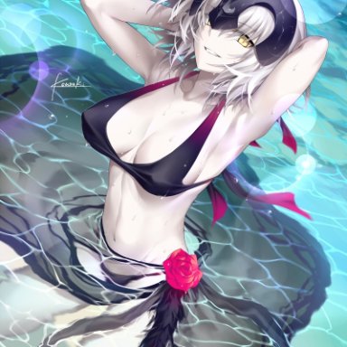 fate (series), fate/grand order, jeanne alter, kousaki rui, mitsuzaki (artist), female, female only, looking at viewer, swimsuit, water, wet, tagme