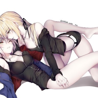 fate (series), fate/grand order, artoria pendragon (alter), jeanne alter, 2girls, breasts, female only, imminent sex, lying, on top, suggestive, yuri